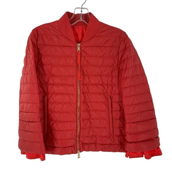 Rare MONCLER Coral Red Perforated Faux Leather Puffer Jacket Size Medium - Picture 2 of 13